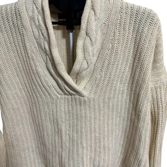 Lauren Ralph Lauren LRL‎ Womens M Sweater Shawl Cable Knit Collar Beige Warm - Picture 2 of 13